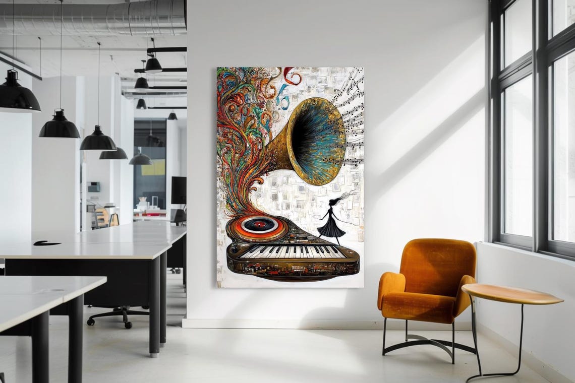 Whimsical Gramophone With Swirling Colors And Piano Keys Poster