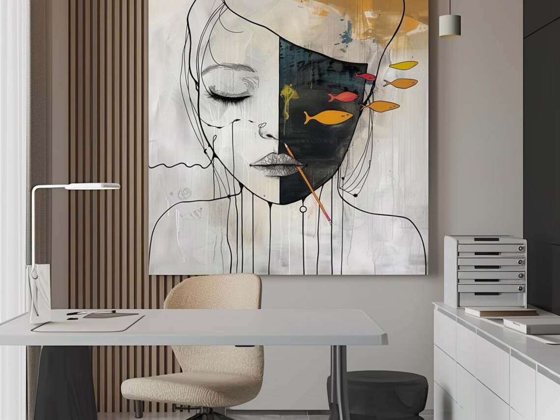 Line Art Woman Face With Colorful Fish Half Portrait Canvas Poster