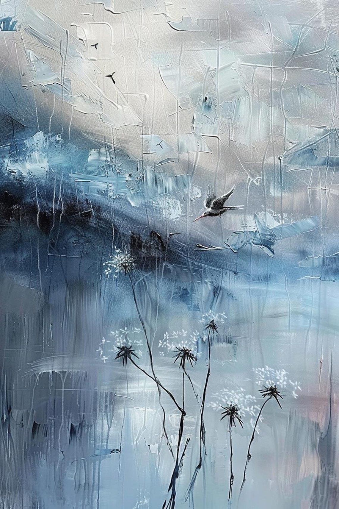 Serene Blue Gray Abstract Painting With Dandelions And Birds Poster - Image 2