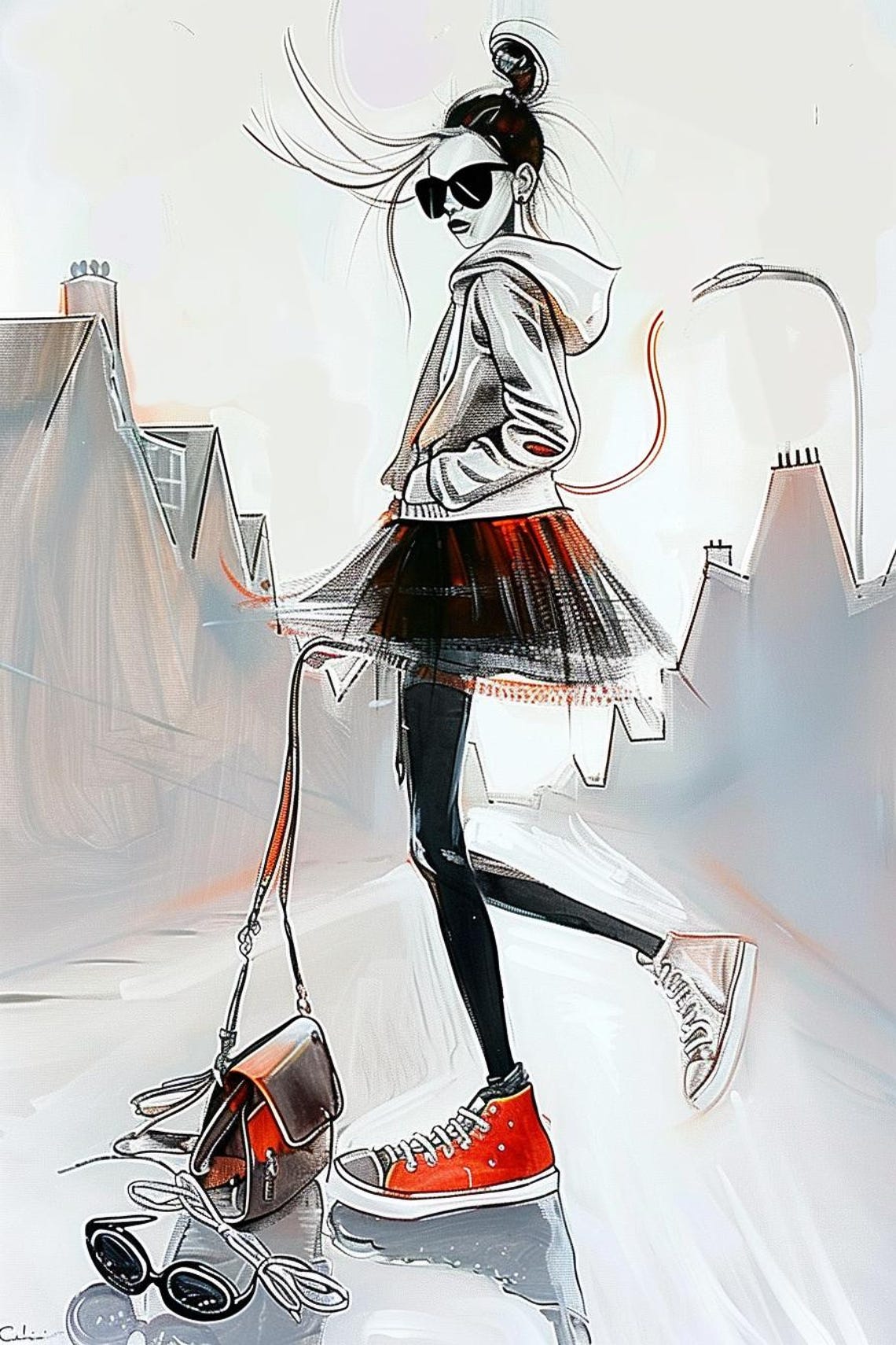 Stylish Woman in Sunglasses and Red Sneakers Fashion Sketch Poster - Image 2