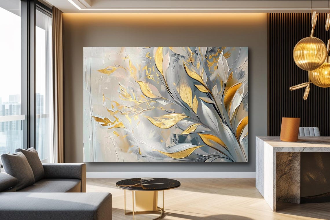 Gold Leaf Branches on Soft White Gray Elegant Botanical Art Poster - Image 3