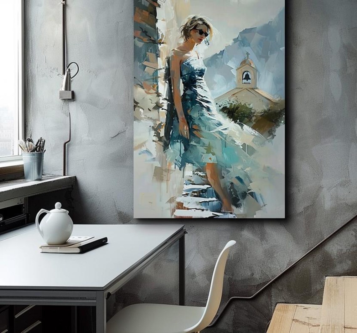 Woman in Blue Dress by a Village Church Bell Tower Painting Poster