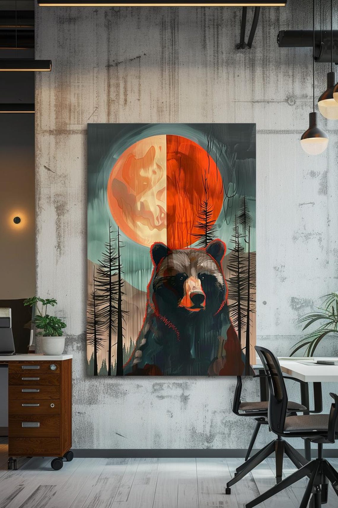 Bear Portrait Beneath a Red Moon in Pine Forest Painting Poster