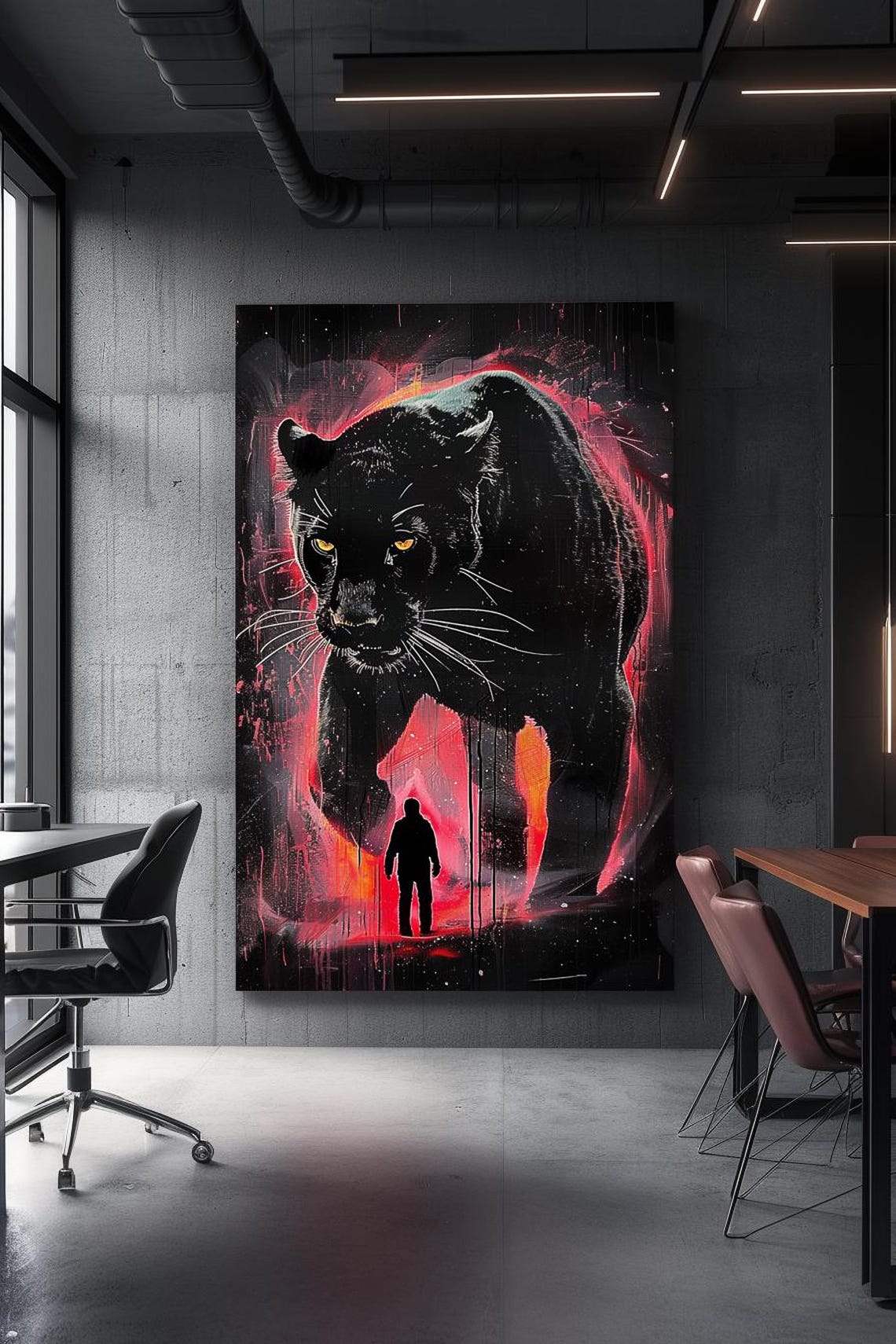 Black Panther Looming Over Tiny Figure In Red Neon Darkness Poster - Image 3