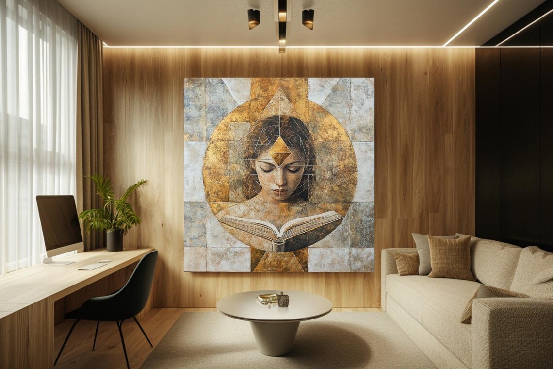 Woman Reading Open Book With Golden Halo Sacred Decor Art Poster - Image 2