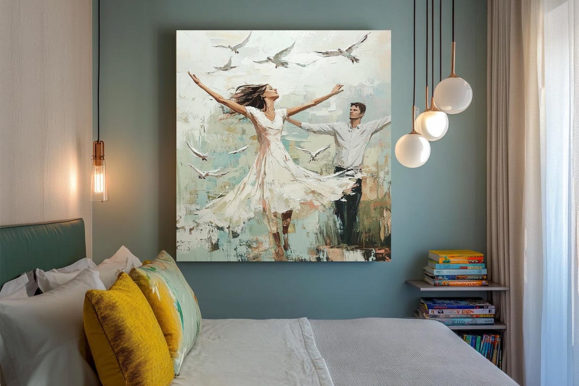Wings Of Love Dancing Couple Surrounded By Flying Birds Poster