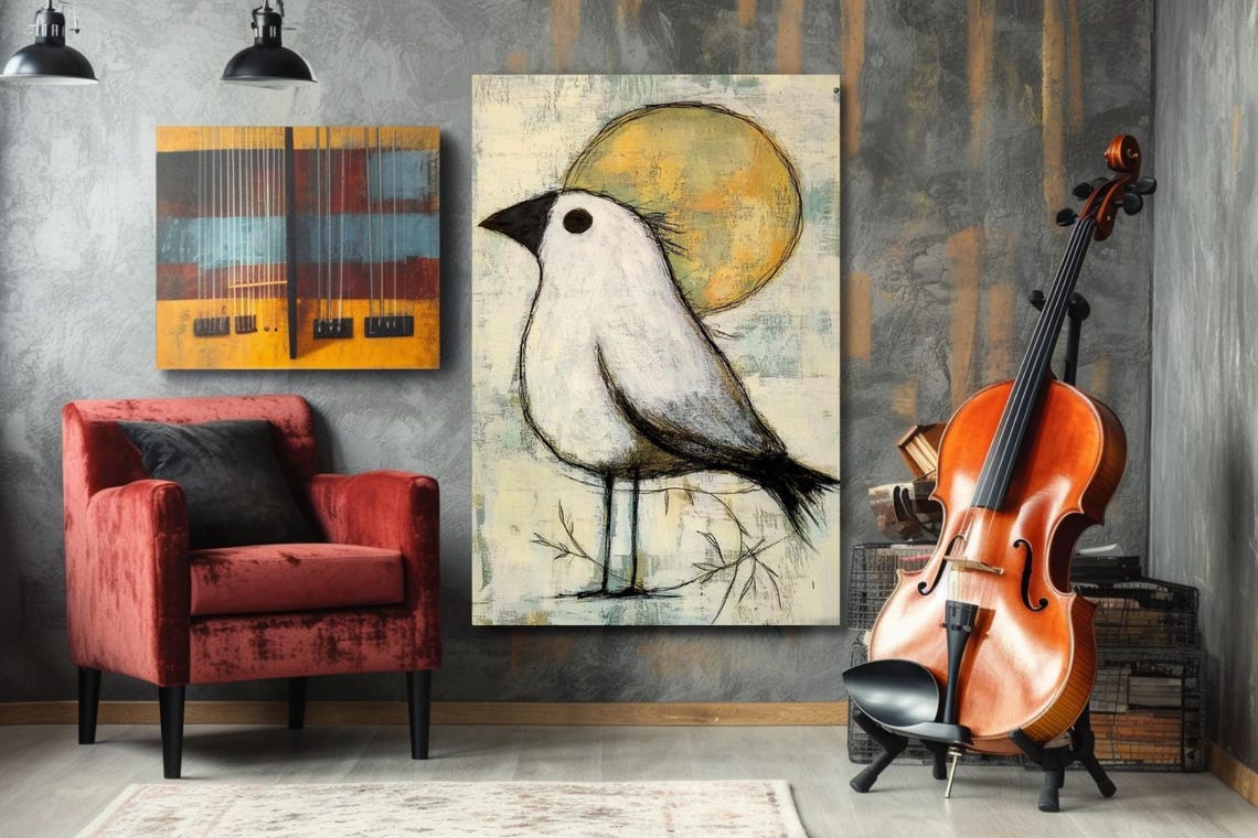 Naive White Bird Before a Golden Sun Sketch Style Art Poster