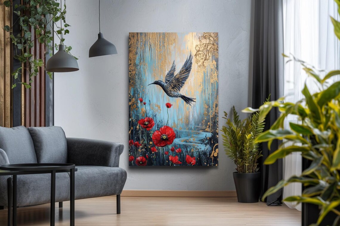"Perfect World" Hummingbird And Red Poppies In Blue Gold Art Poster