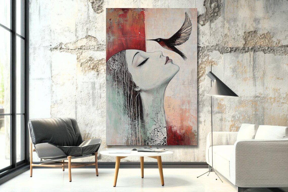Song Of The Soul Woman With Hummingbird In Red Abstract Art Poster - Image 3