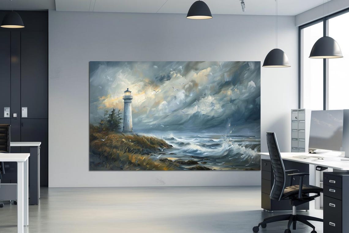 Painting Lighthouse Abstract Stretched Painting Wall Art Print Contemporary Artwork For Home Decor - Image 3