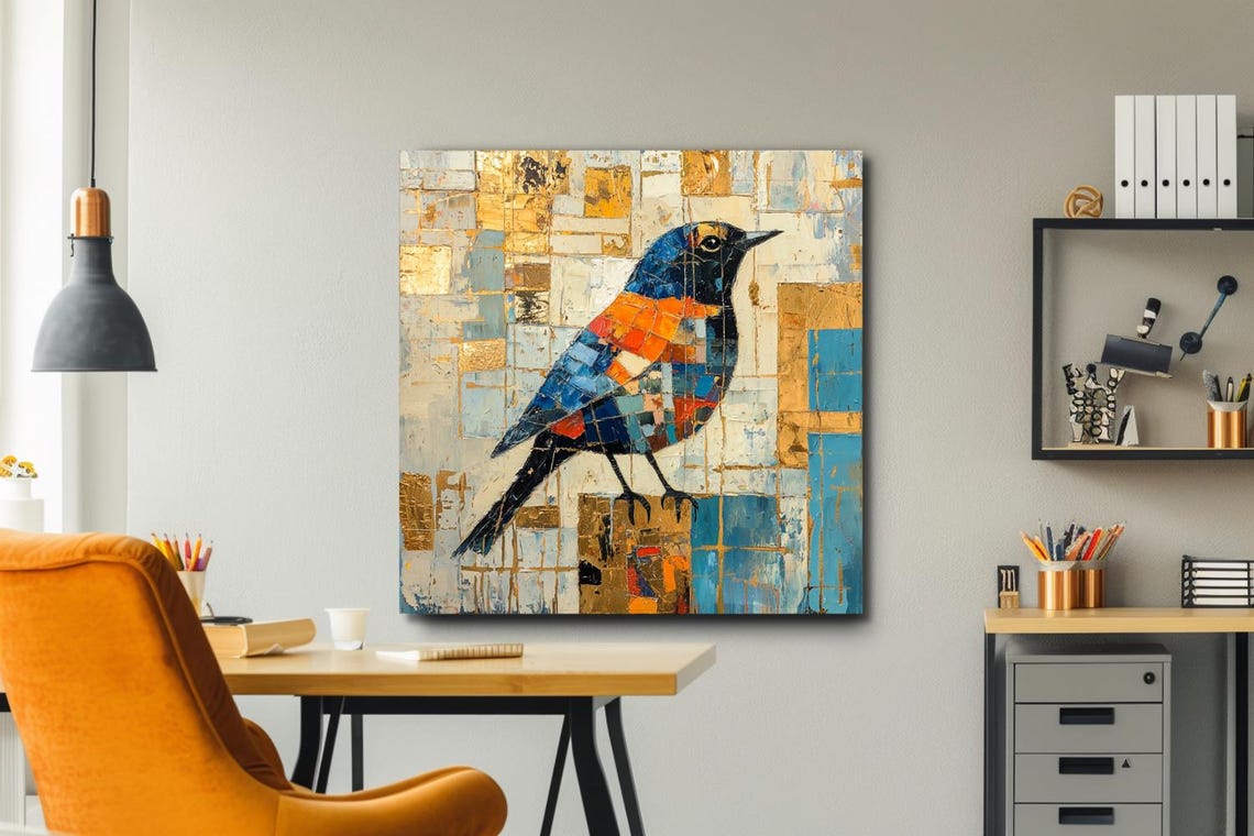 Colorful Mosaic Songbird On Blue Gold Patchwork Abstract Poster