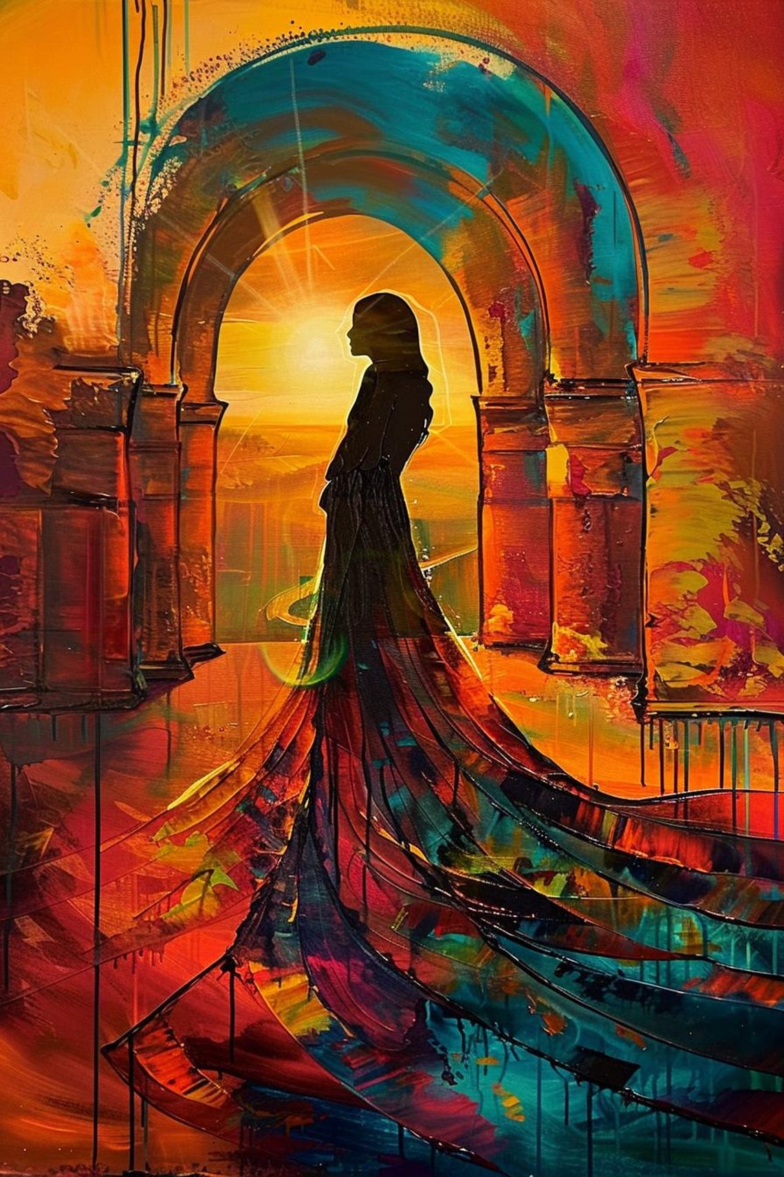 "With The Sun" Silhouette Woman In Flowing Dress At Sunset Poster - Image 2