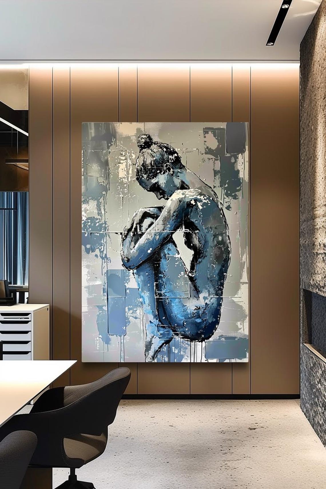 Introspective Woman Curled Inward In Blue Gray Abstract Poster - Image 2