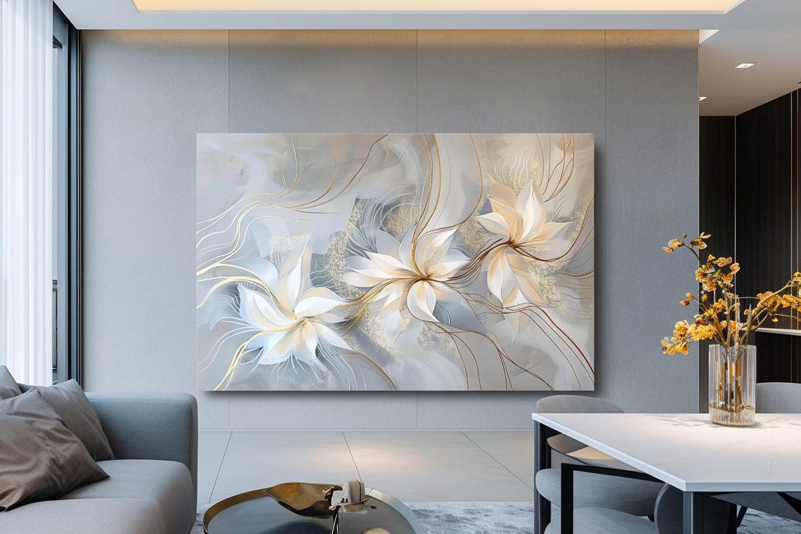 Elegant White Flowers With Delicate Gold Lines Abstract Poster - Image 2