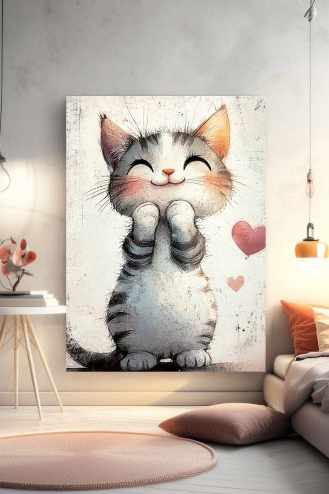 Smiling Gray Tabby Kitten With Raised Paws And Hearts Poster - Image 2