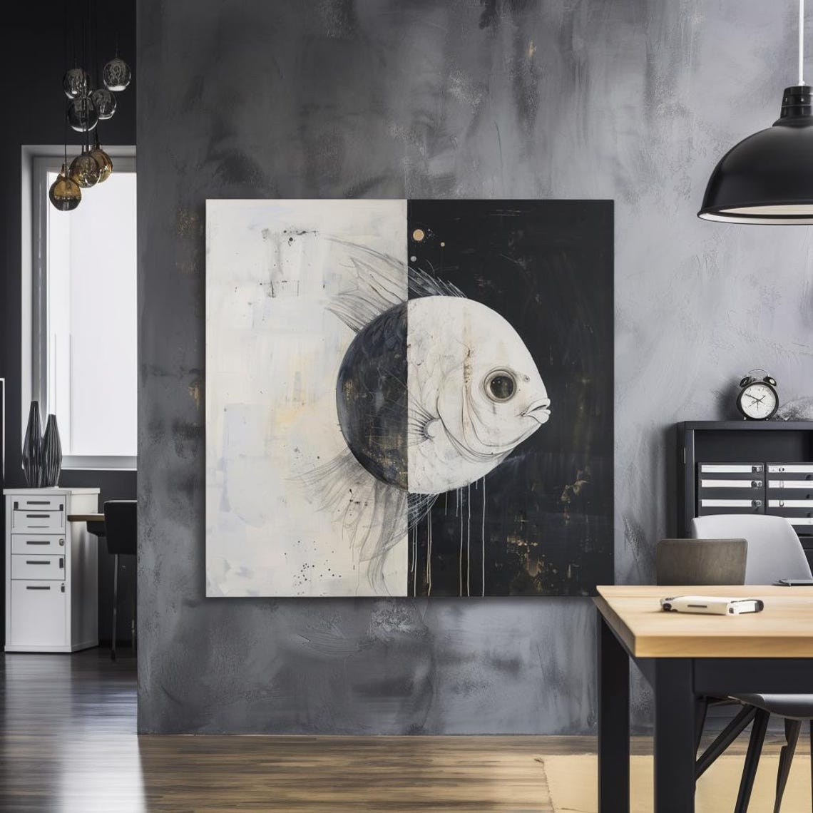 Split Black And White Canvas With White Fish Face Centered Poster