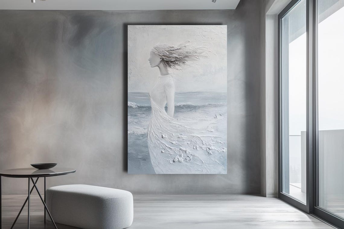 Windblown Woman In Flowing White Gown By The Sea Monochrome Poster - Image 3