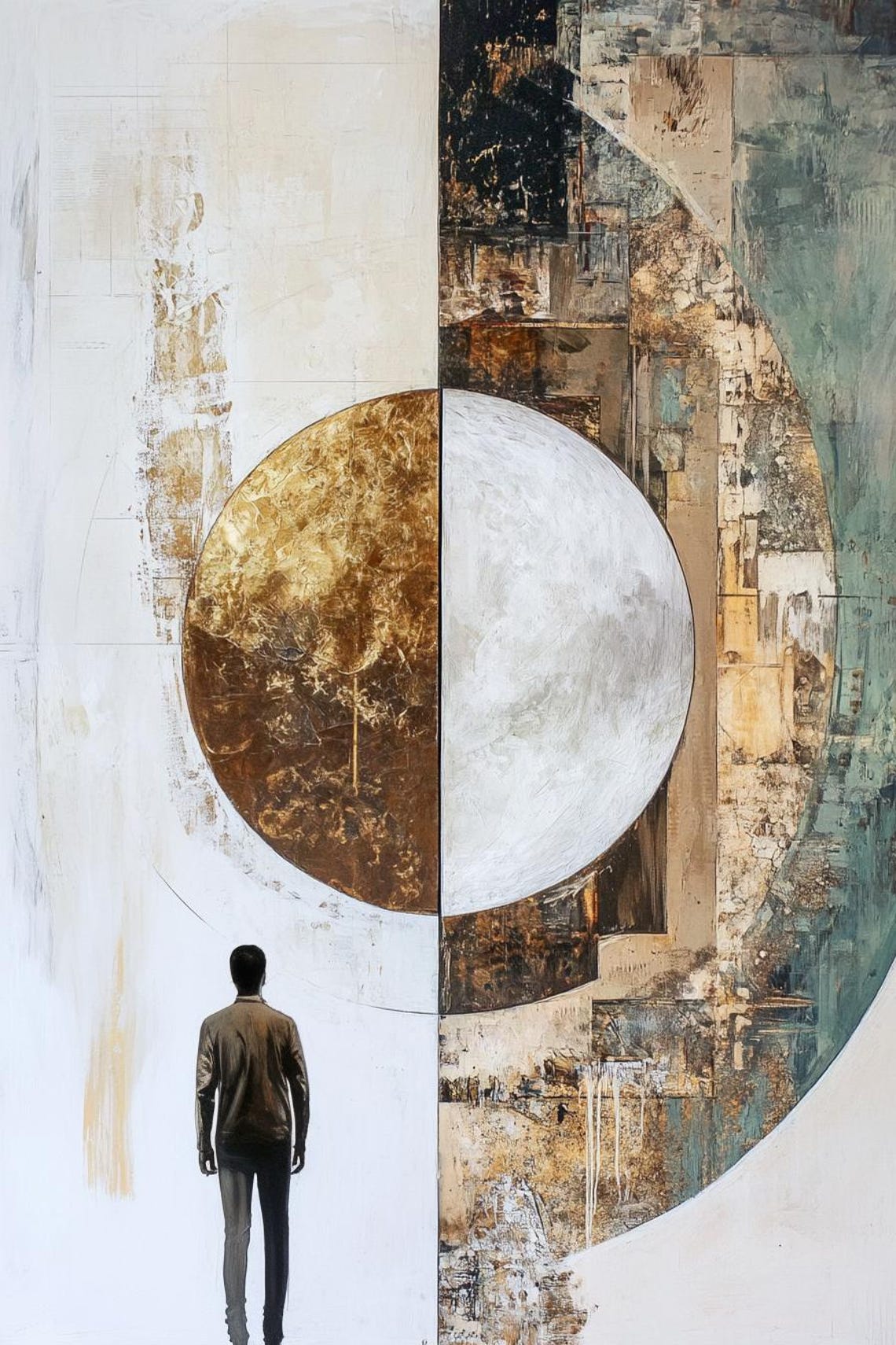 Half Gold Half White Moon With Lone Walking Figure Abstract Poster - Image 2