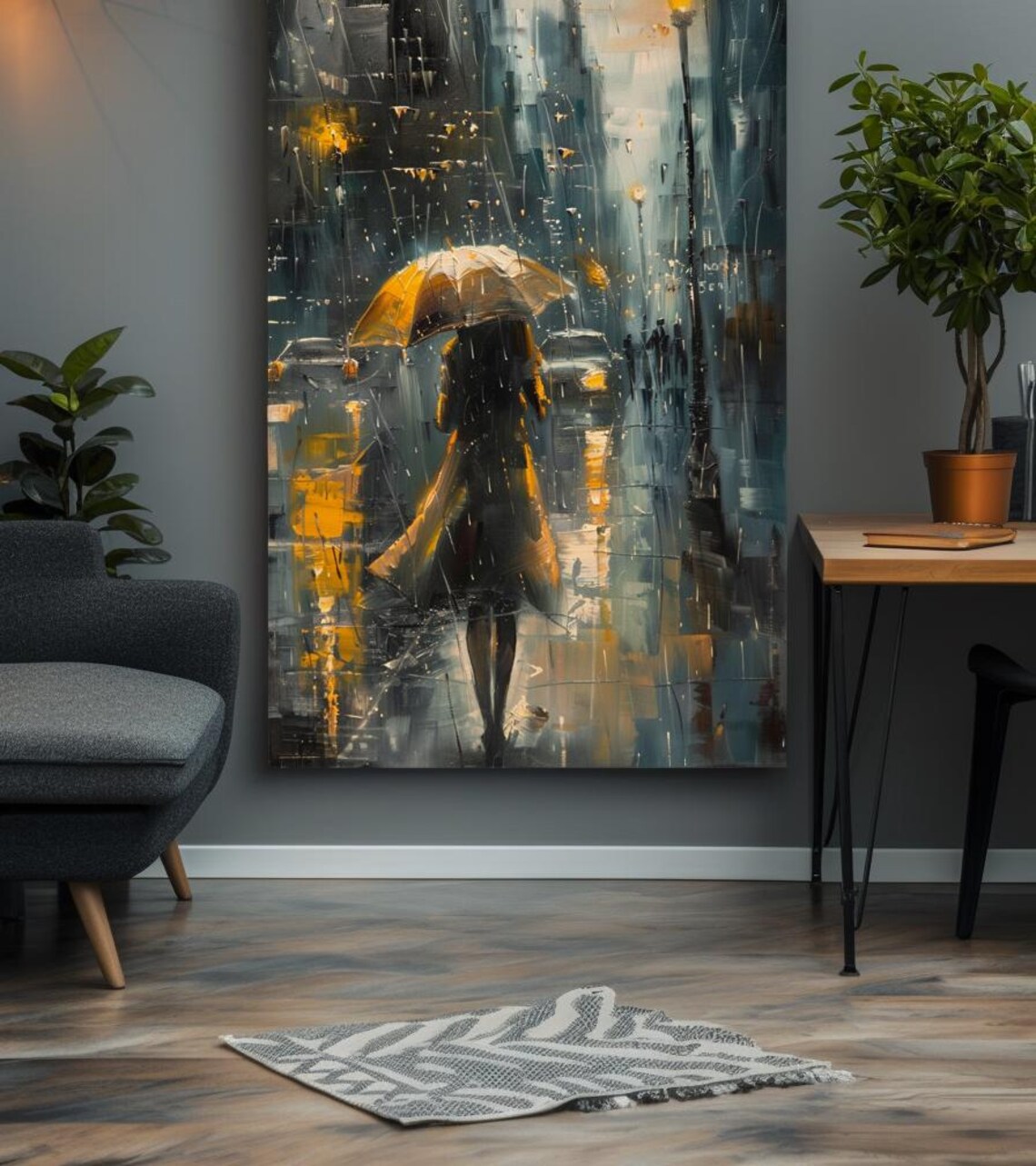 Woman With Golden Umbrella Rainy City Street Moody Art Poster - Image 3