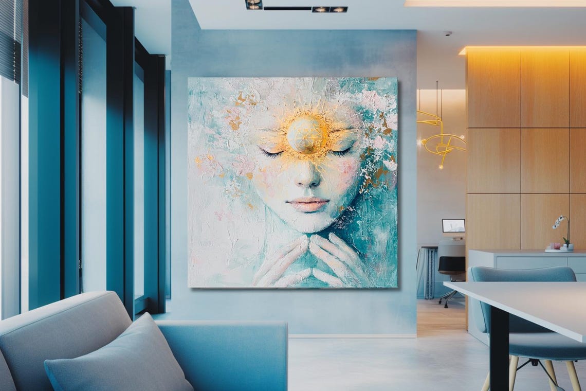 Meditating Woman With Golden Sun On Forehead Teal Blue Poster