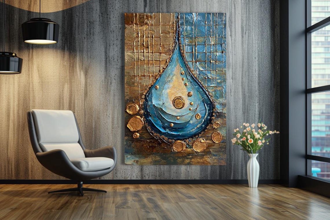"The Drop" Blue And Gold Water Drop On Cracked Stone Texture Poster