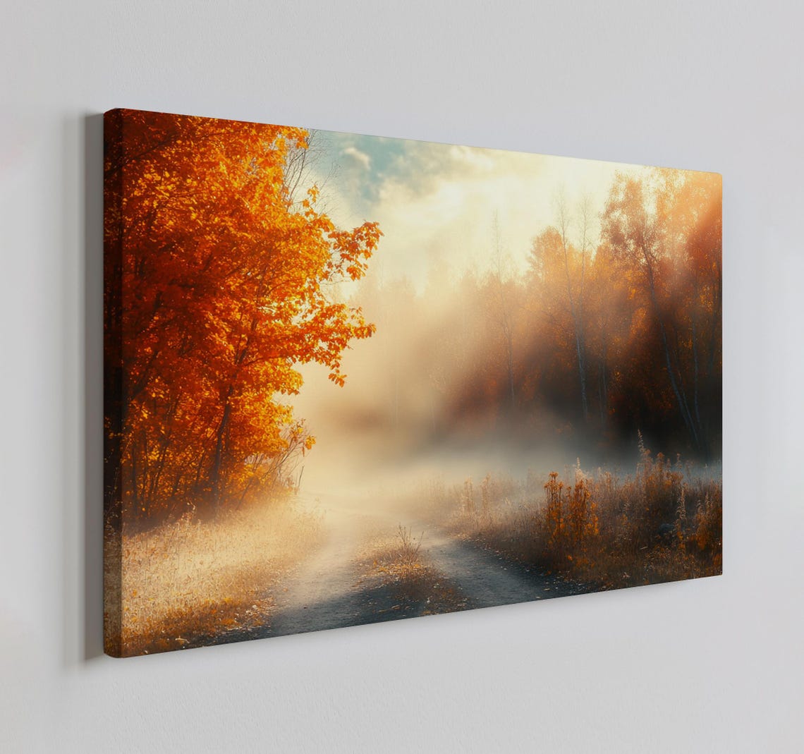 Foggy Autumn Morning Road Through Orange Forest Light Rays Wall Poster