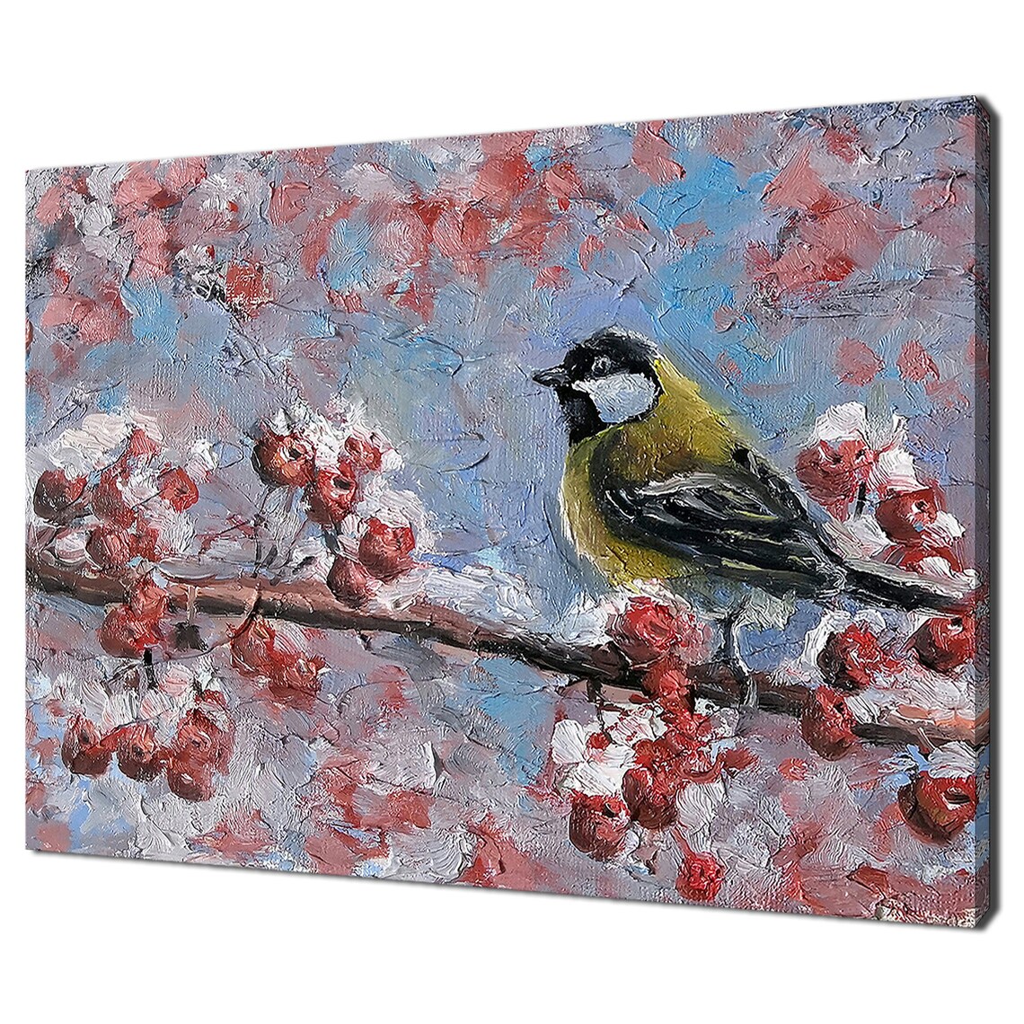 Titmouse Bird On Berry Branch In Snow Oil Painting Style Winter Poster