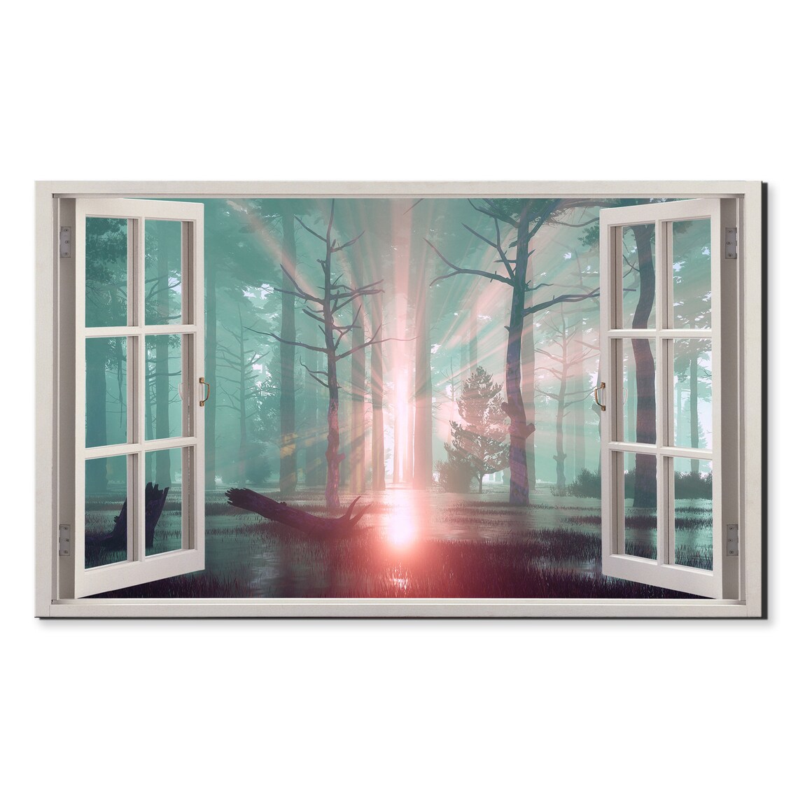 Magical Sunset In Pine Forest Window View Window Frame Style Modern Design Home Decor Print Wall Art Picture Ready To Hang