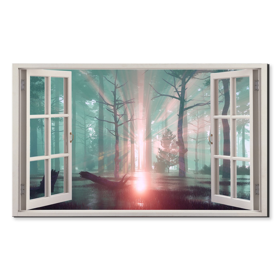 Magical Sunset Light Rays In Pine Forest Dreamy Woodland View Poster