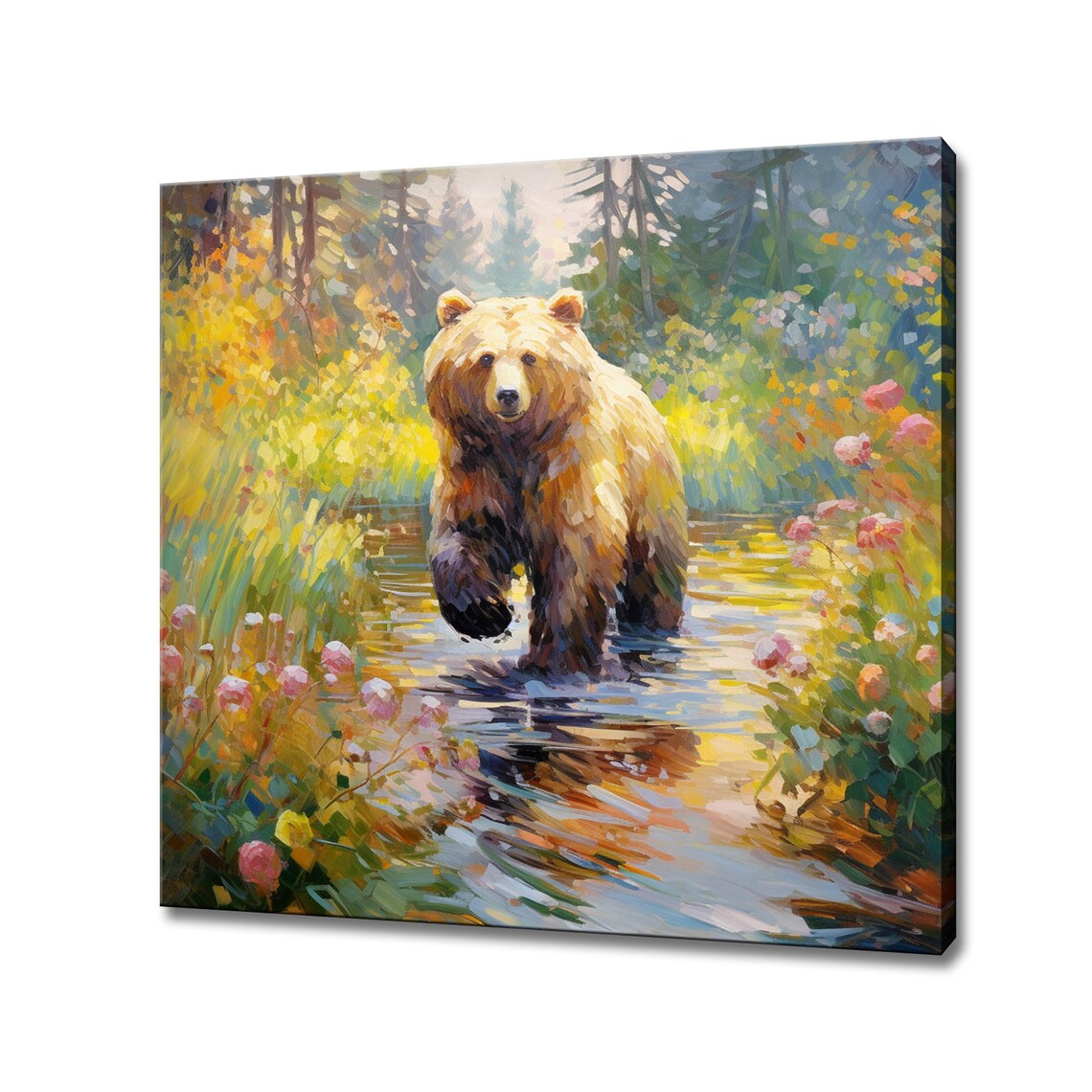 Brown Bear Walking River Colorful Impressionist Wildlife Painting Wall Art