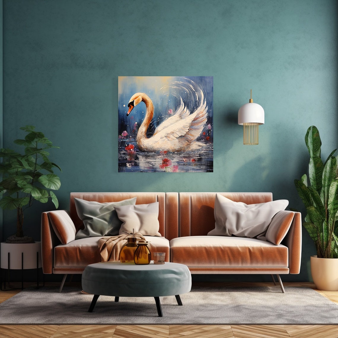 Elegant Swan On Midnight Lake With Blossoms Dramatic Blue Wall Art - Image 2