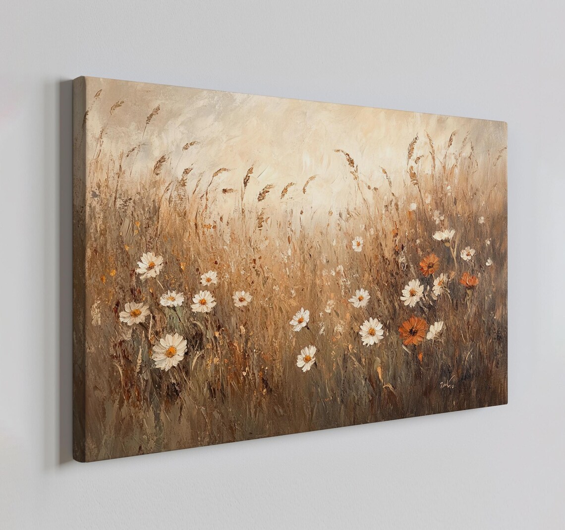 White Daisies In Tall Golden Grass Vintage Meadow Painting Wall Poster