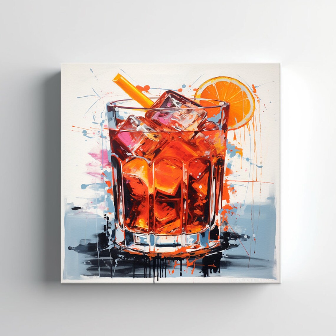 Negroni Cocktail Orange Slice Ice Rocks Glass Splash Art Wall Poster - Image 3
