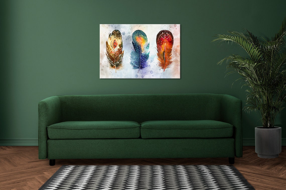 Three Colourful Feathers Watercolour Boho Modern Wall Art Print - Image 2