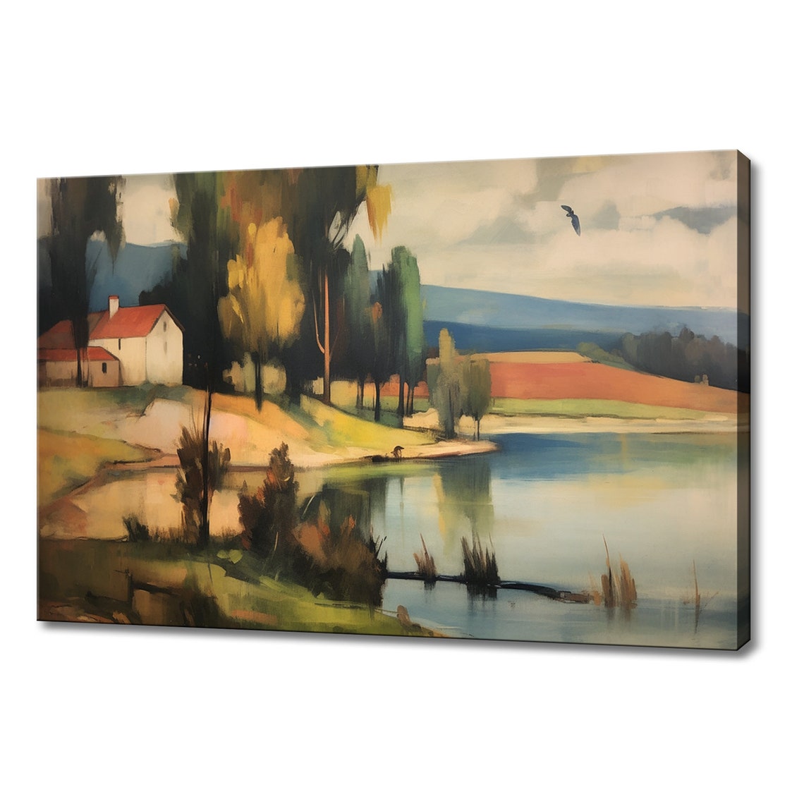 House By The Lake Vintage Colourful Landscape Painting Style Print Farmhouse Decor Art Nature Picture Wall Hanging Fine Art Print