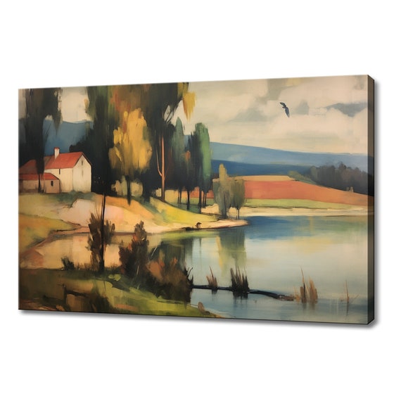 House By The Lake Vintage Colourful Landscape Painting Style Print Farmhouse Decor Art Nature Picture Wall Hanging Fine Art Print