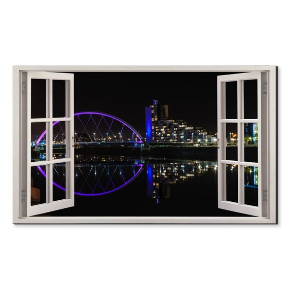 Night Over Clyde Arc Bridge Glasgow Window View Window Frame Style Modern Design Home Decor Print Wall Art Picture Ready To Hang