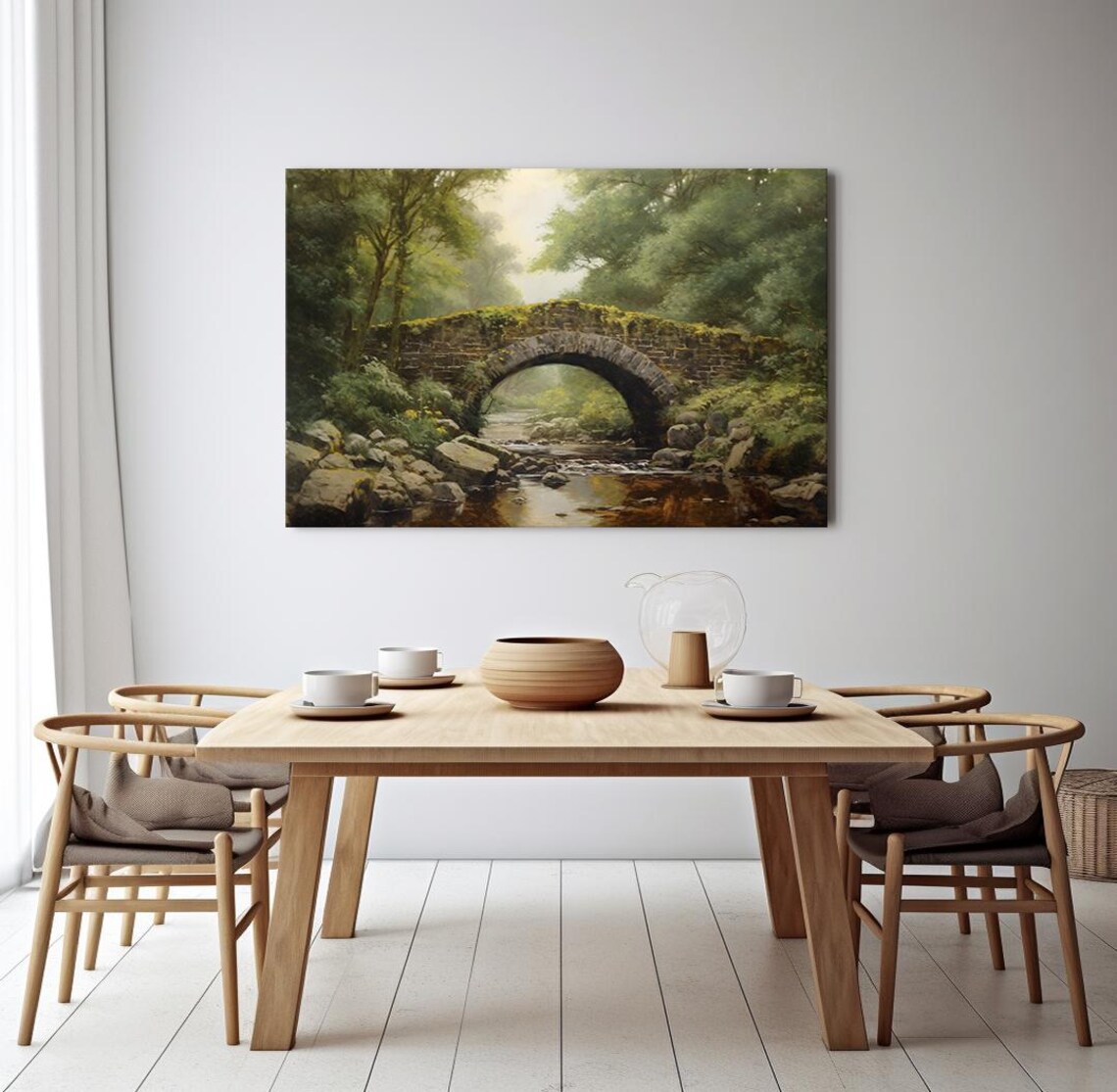 Mossy Stone Arch Bridge Over Forest River Woodland Vintage Art Poster - Image 4