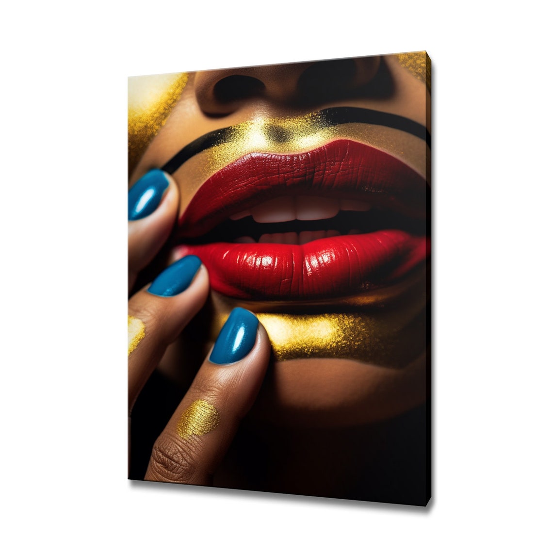 Red Glossy Lips with Gold Glitter Makeup and Blue Nails Beauty Poster