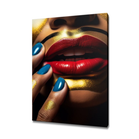 Red Lips Luxury Model Woman Face Gold Make Up Print Modern Design Home Decor Wall Art Picture Fashion Wall Art Print Gift For Her