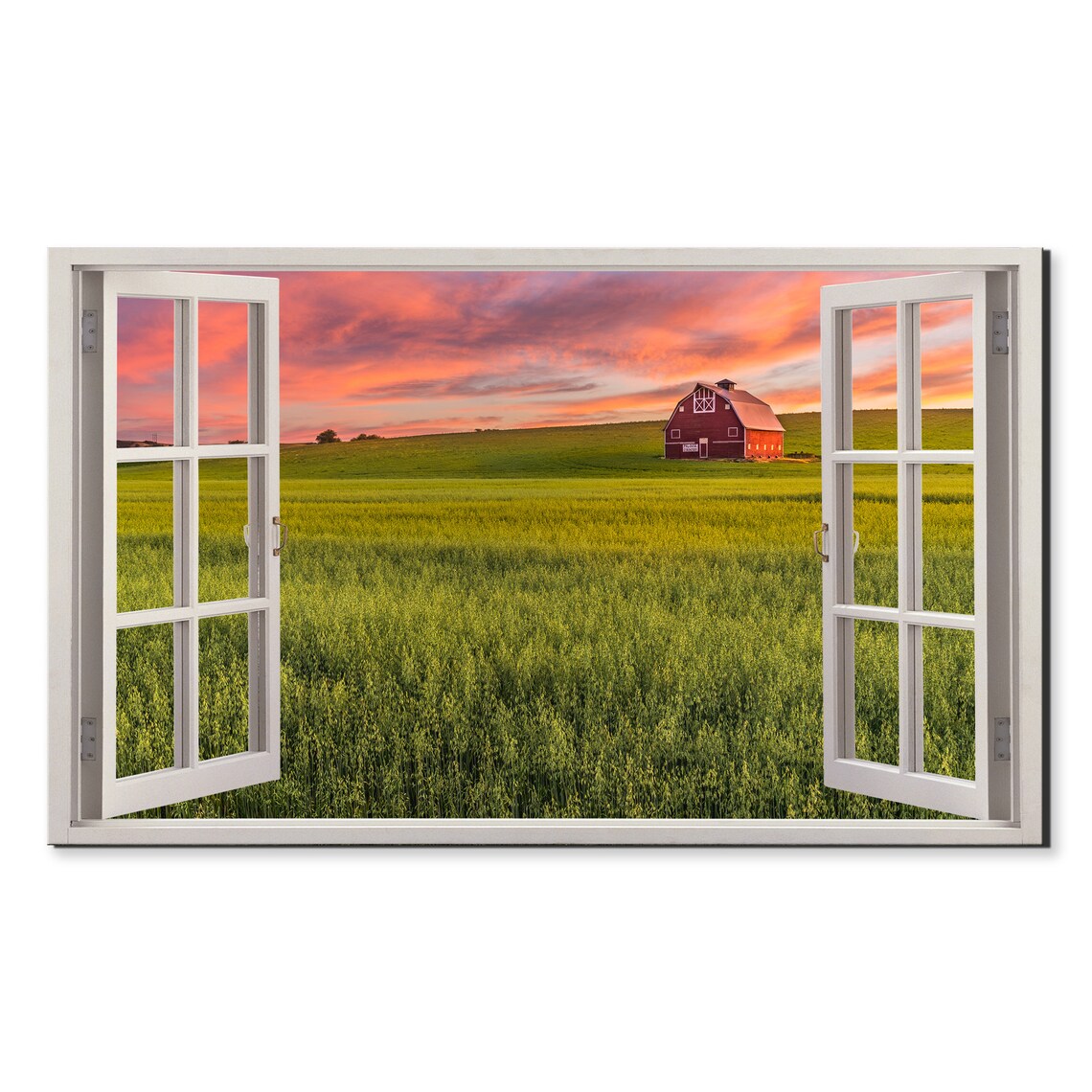 Red Barn In Golden Wheat Field At Pink Sunset Countryside View Poster