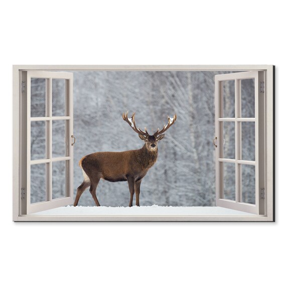 Red Deer Stag In Snowy Winter Forest Through Open Window Art Poster