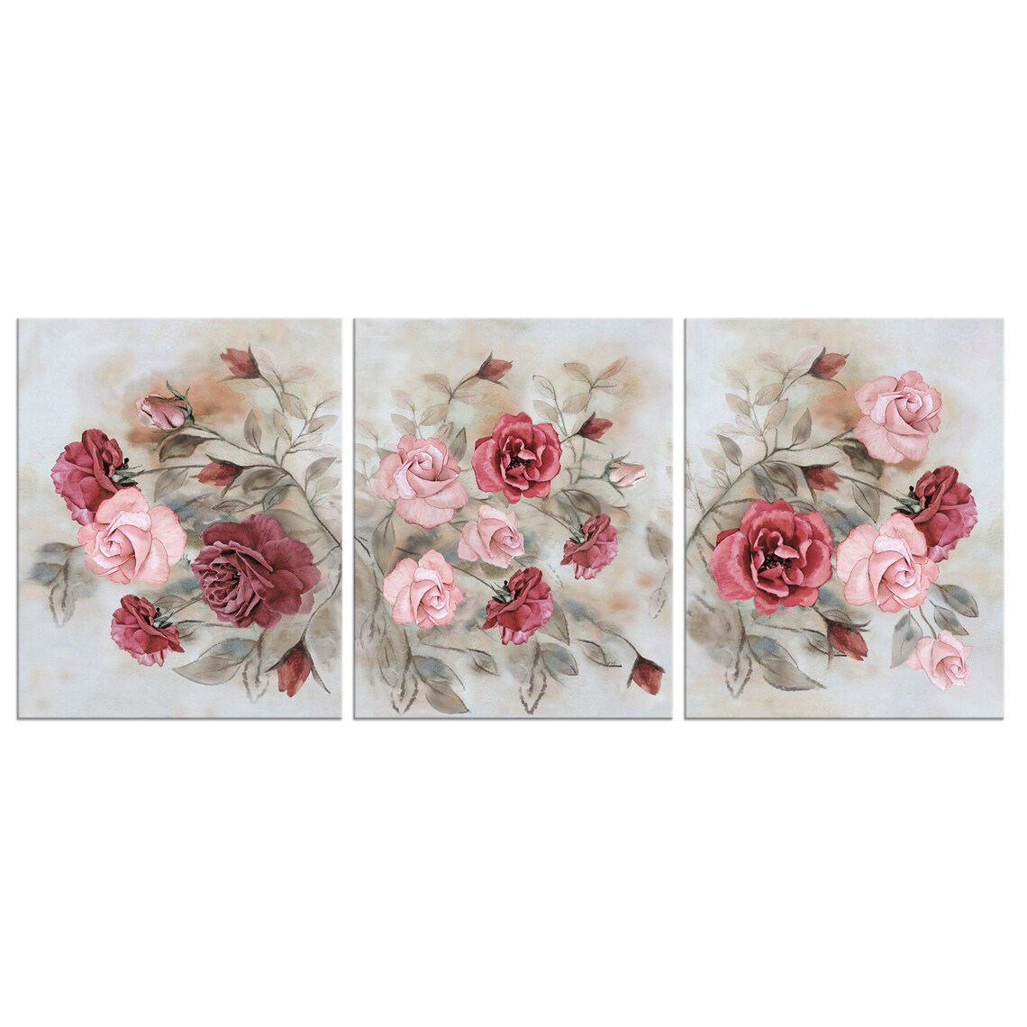 Pink And Red Roses Triptych Watercolor Floral Wall Art Print Set