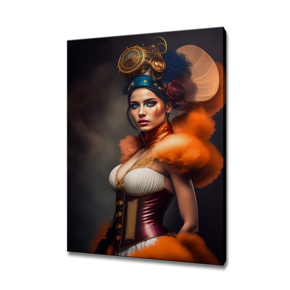 Steampunk Woman With Clockwork Headdress Orange Fur Corset Fantasy Poster