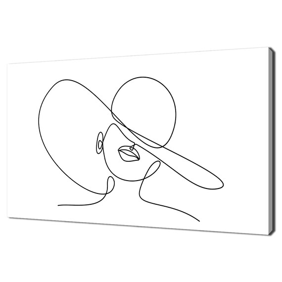 One Line Drawing Woman In Hat Minimalist Black White Art Poster