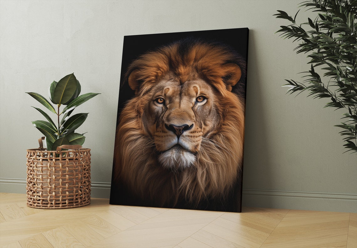 Majestic Lion Portrait Golden Mane Black Background Wild Cat Wall Art - Image 3