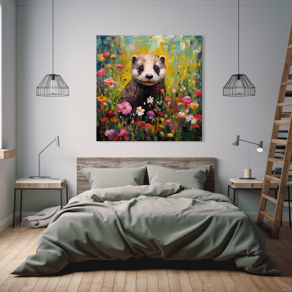 Cute Ferret In Flowers Field Animal Print Gift For Ferret Lover Colourful Ferret Portrait Painting Print Ferret Pet Wall Art - Image 2