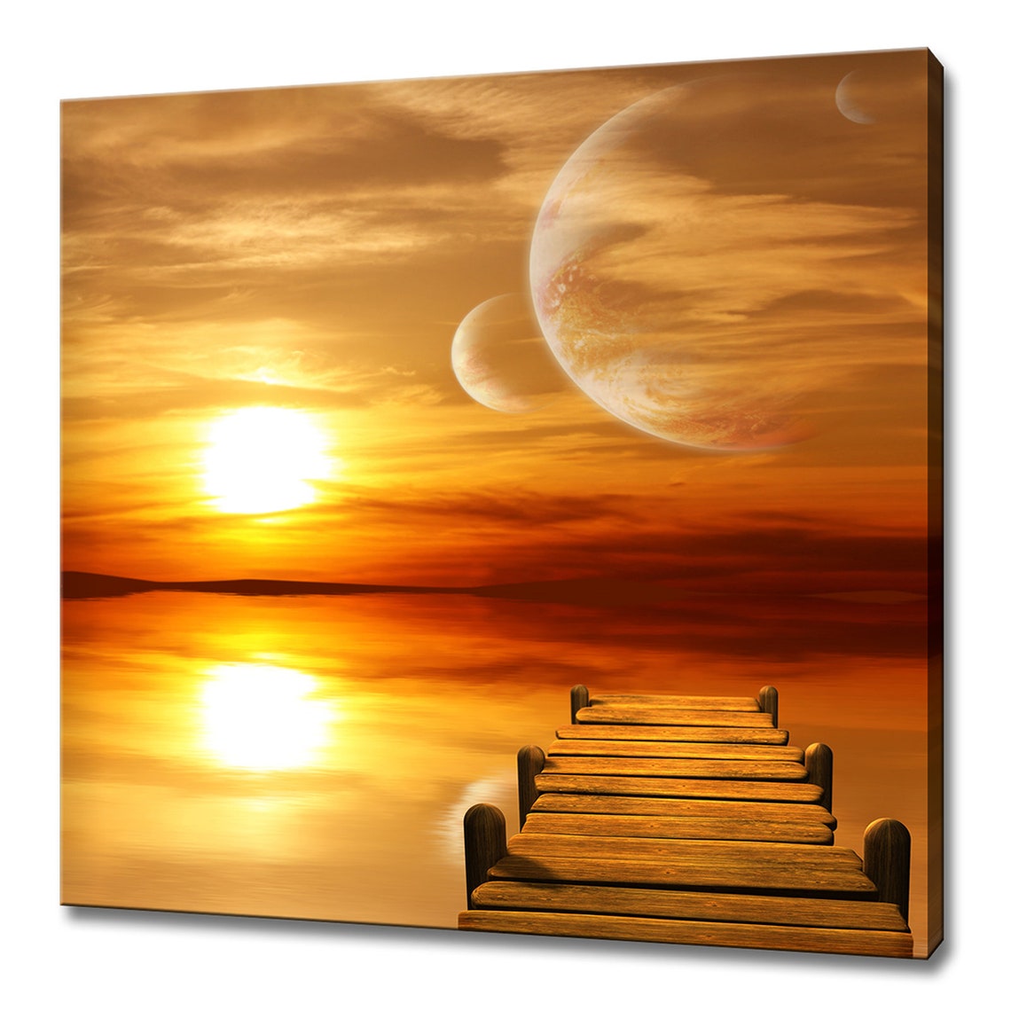 Golden Sunset Ocean Dock Under Giant Planets Fantasy Seascape Wall Art