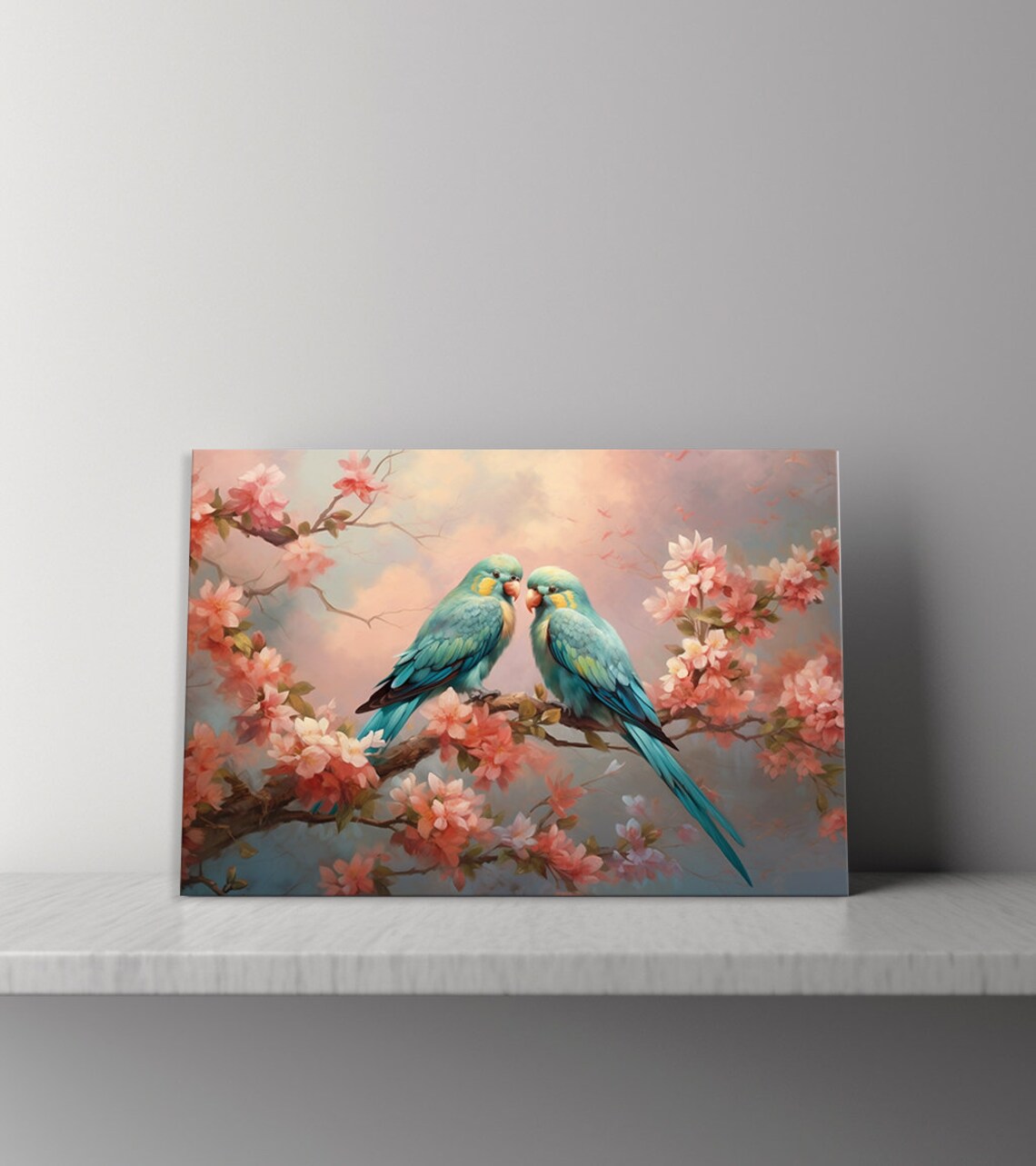 Two Mint Parrots Love Birds, Spring Nature Art Print - Image 4