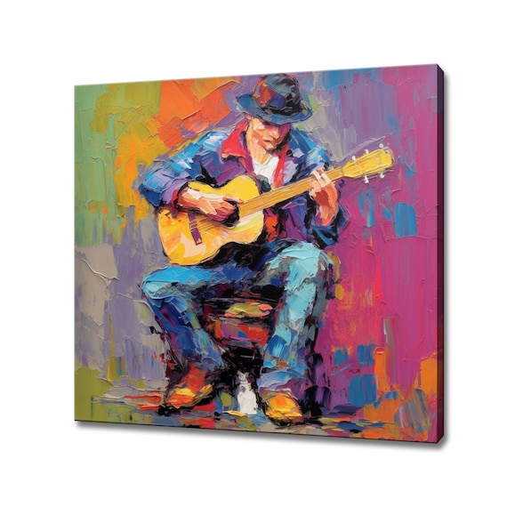 Guitar Player Colorful Oil Painting Musician Hat Impasto Music Wall Art